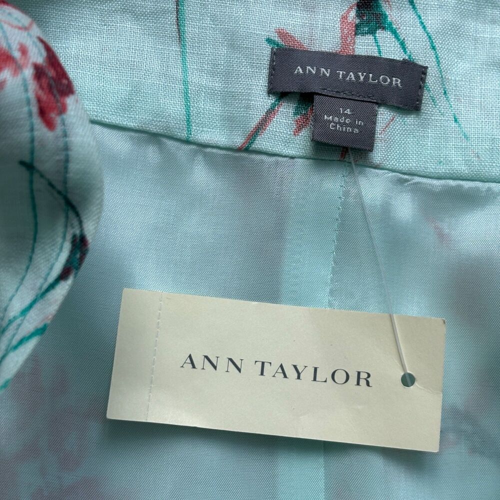 Ann Taylor Linen Dress Women's 14 Light Mint Green Cottage Watercolor Floral NWT - Picture 3 of 7